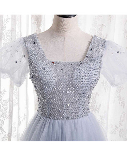 Charming silver beaded sequin square neck sleeve ball dress, silver A-line short sleeved backless and floor length evening dress