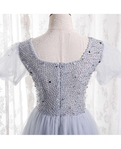 Charming silver beaded sequin square neck sleeve ball dress, silver A-line short sleeved backless and floor length evening dress