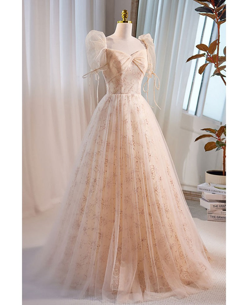 Unique/beautiful champagne sequin fluffy short sleeved ball dress champagne square neckline A-line/princess backless and floor length evening dress