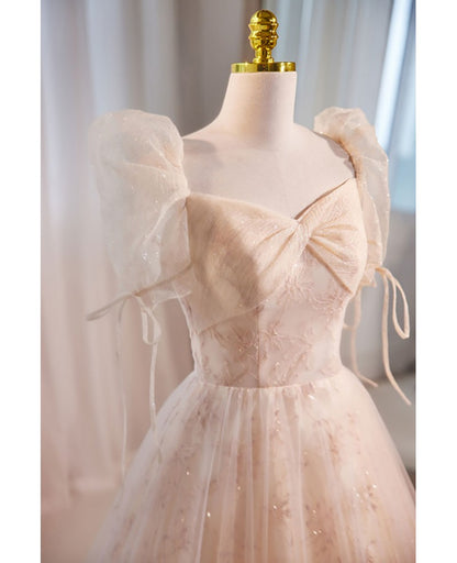 Unique/beautiful champagne sequin fluffy short sleeved ball dress champagne square neckline A-line/princess backless and floor length evening dress