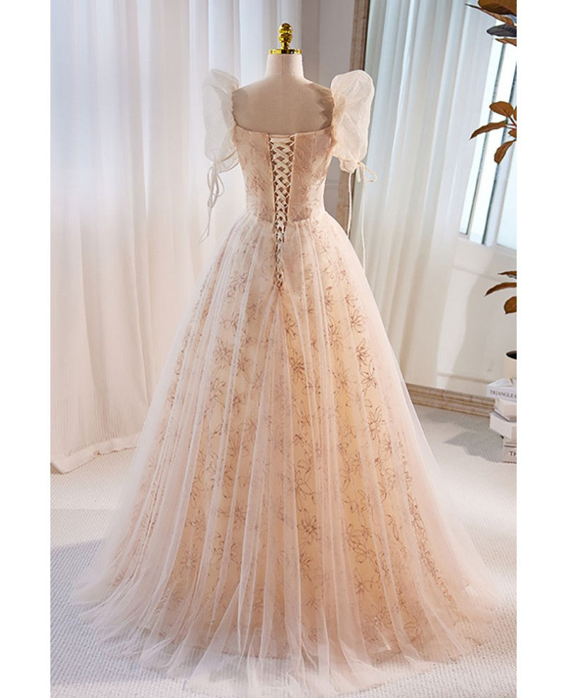 Unique/beautiful champagne sequin fluffy short sleeved ball dress champagne square neckline A-line/princess backless and floor length evening dress