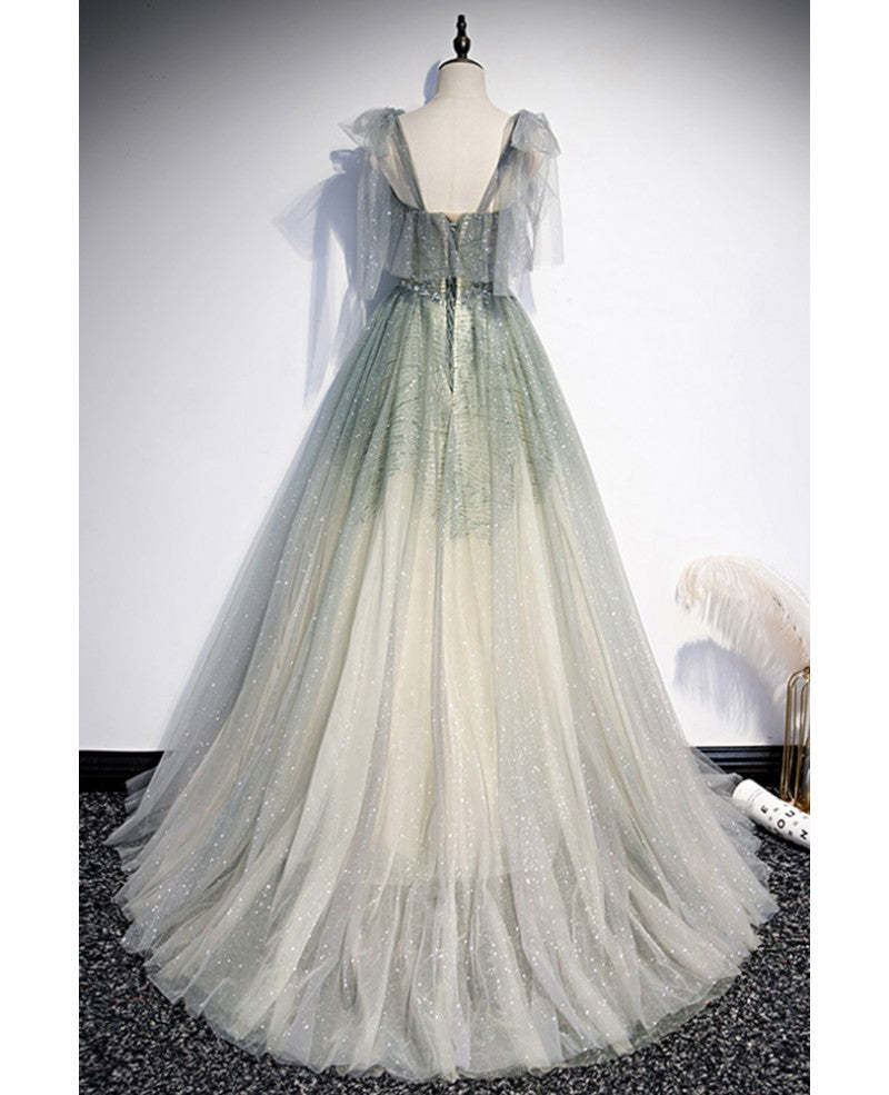 Romantic and Sweet Sage Green Sleeveless Off Shoulder Beaded Brilliant Evening Dress Sage Green A-Shoulder Thin Gauze Off Back Sequins Sweeping Train Ruffle Edge and Floor Length Evening Dress