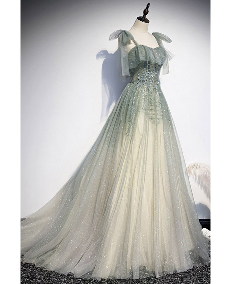 Romantic and Sweet Sage Green Sleeveless Off Shoulder Beaded Brilliant Evening Dress Sage Green A-Shoulder Thin Gauze Off Back Sequins Sweeping Train Ruffle Edge and Floor Length Evening Dress