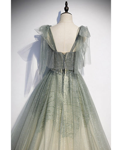 Romantic and Sweet Sage Green Sleeveless Off Shoulder Beaded Brilliant Evening Dress Sage Green A-Shoulder Thin Gauze Off Back Sequins Sweeping Train Ruffle Edge and Floor Length Evening Dress