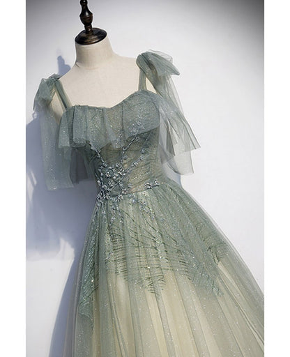 Romantic and Sweet Sage Green Sleeveless Off Shoulder Beaded Brilliant Evening Dress Sage Green A-Shoulder Thin Gauze Off Back Sequins Sweeping Train Ruffle Edge and Floor Length Evening Dress