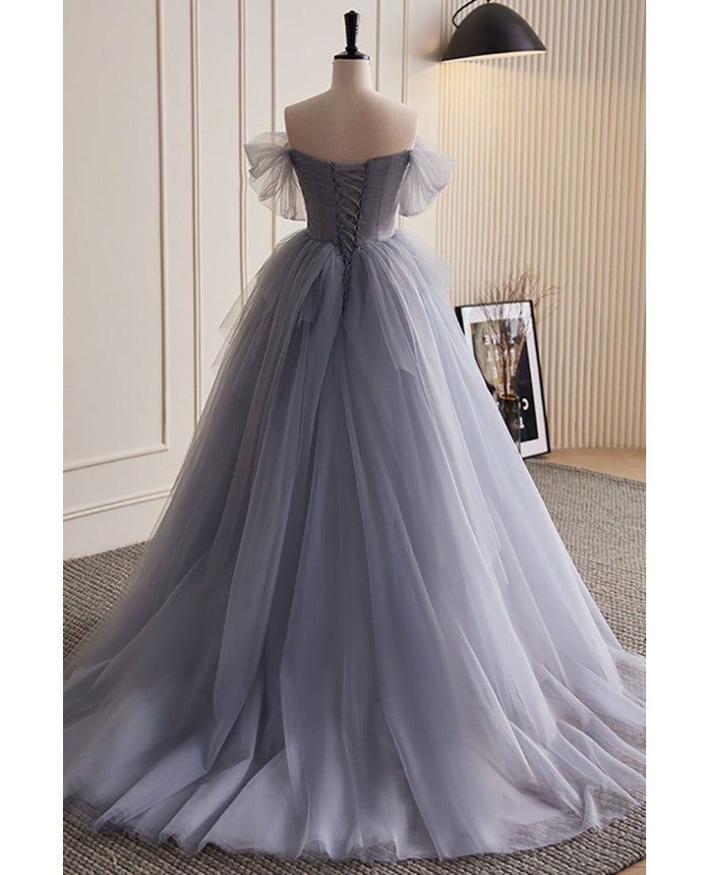 Unique/Beautiful Silver Gray Beaded Pearl Sequin Sticker Pleated Off Shoulder Sleeveless Ball Dress Silver Gray A-shaped Off Back and Floor Length Sweeping Tail Evening Dress