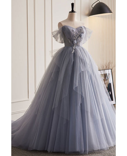 Unique/Beautiful Silver Gray Beaded Pearl Sequin Sticker Pleated Off Shoulder Sleeveless Ball Dress Silver Gray A-shaped Off Back and Floor Length Sweeping Tail Evening Dress