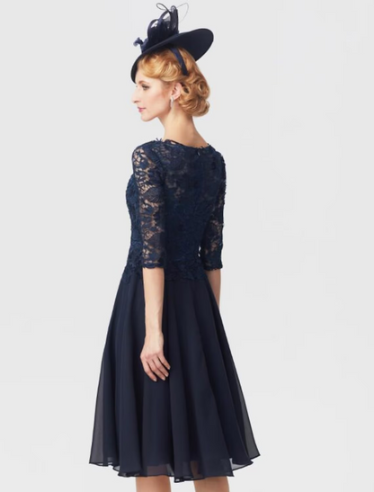 Mother of the Bride Dress Elegant V Neck Knee Length Chiffon Sheer Lace Half Sleeve with Lace