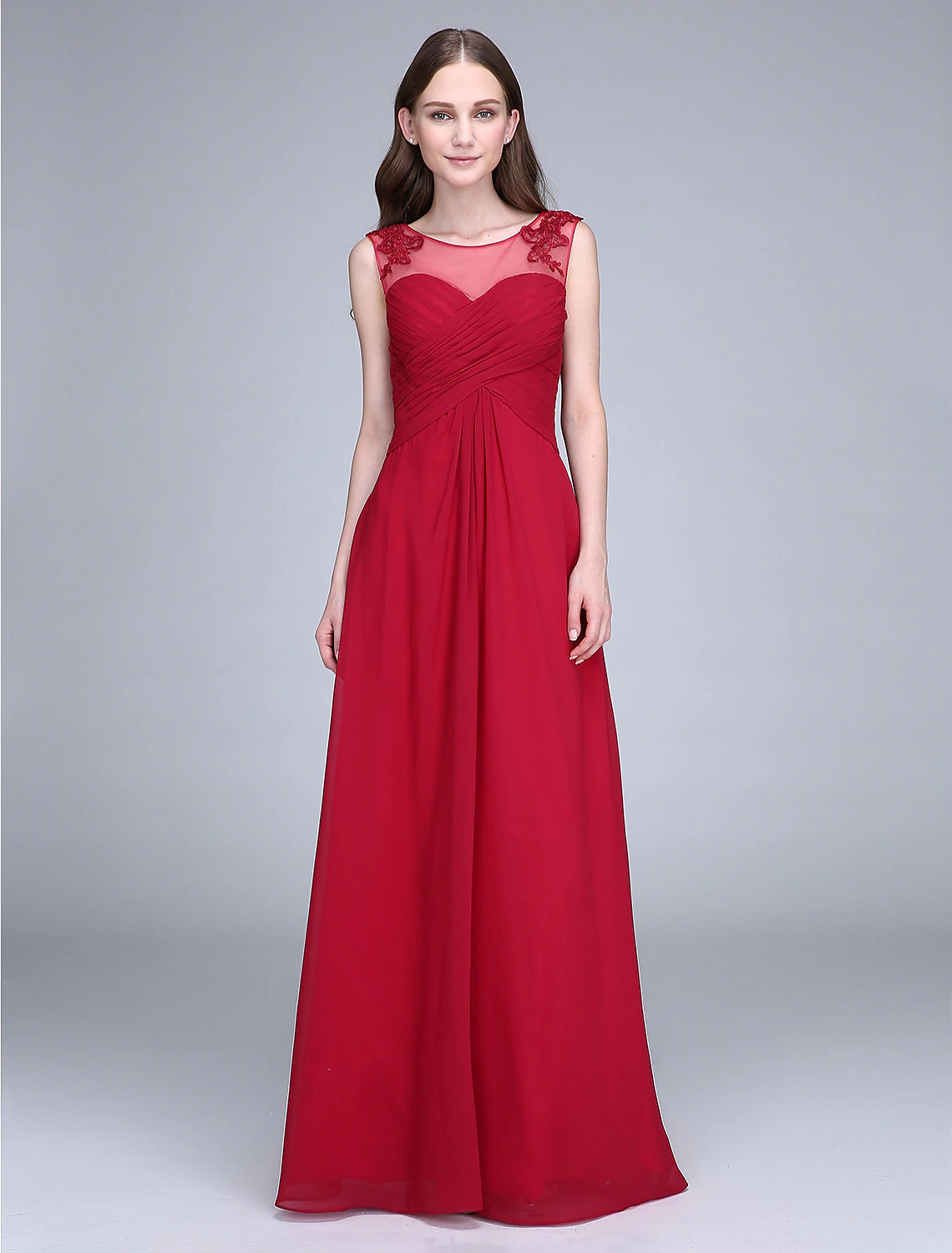 Sheath / Column Scoop Neck Floor Length Chiffon Bridesmaid Dress with Appliques / Lace Insert / Open Back