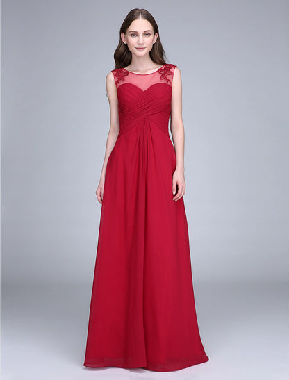 Sheath / Column Scoop Neck Floor Length Chiffon Bridesmaid Dress with Appliques / Lace Insert / Open Back