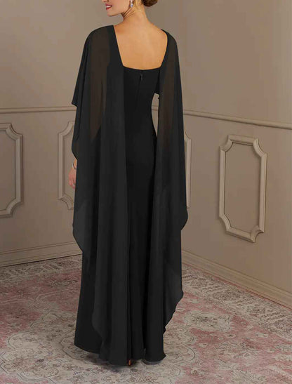 Sheath / Column Mother of the Bride Dress Formal Wedding Guest Elegant Simple Jewel Neck Floor Length Chiffon Sleeveless with Side Draping Solid Color