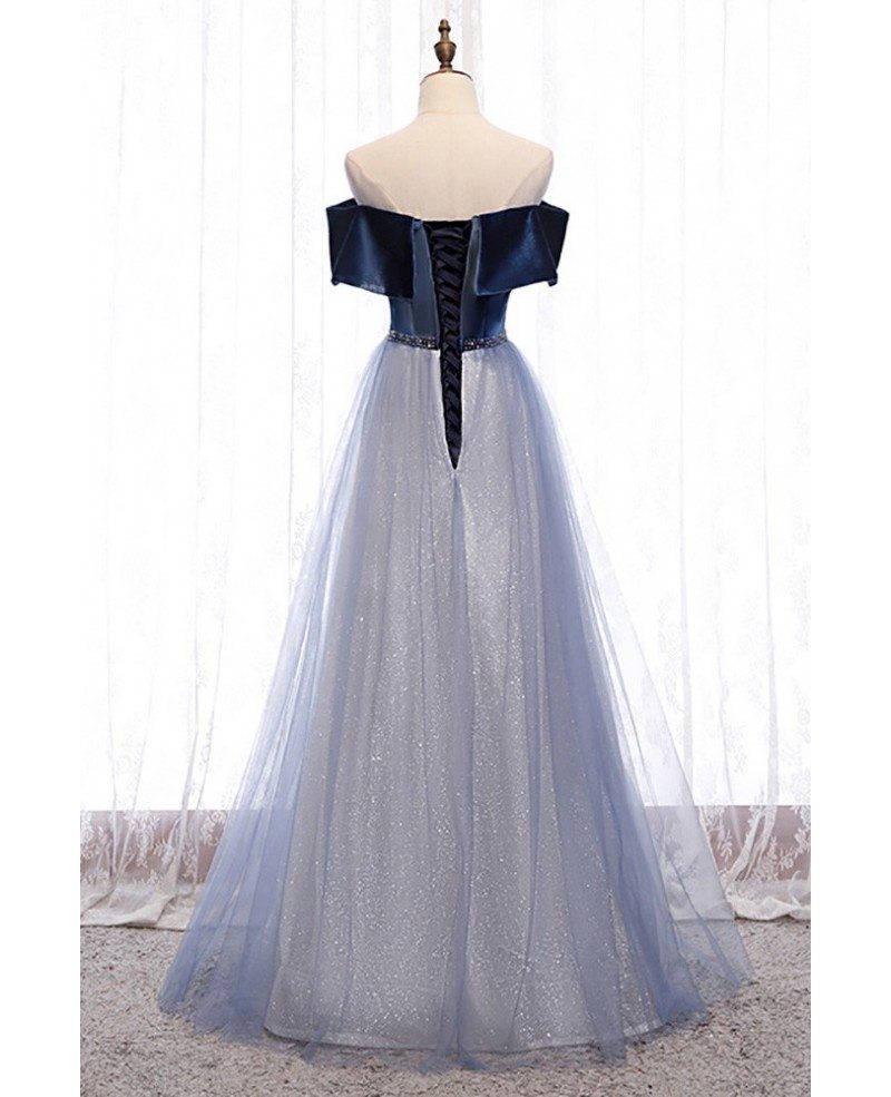 Beautiful navy blue off shoulder short sleeved beaded dance ball dress navy blue A-line sheer ruffle edge backless evening dress