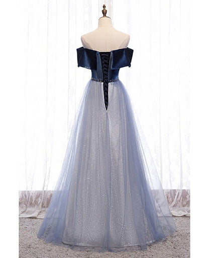Beautiful navy blue off shoulder short sleeved beaded dance ball dress navy blue A-line sheer ruffle edge backless evening dress