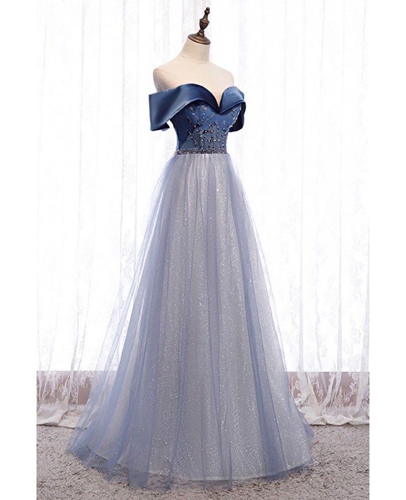 Beautiful navy blue off shoulder short sleeved beaded dance ball dress navy blue A-line sheer ruffle edge backless evening dress