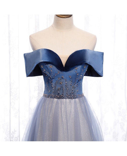Beautiful navy blue off shoulder short sleeved beaded dance ball dress navy blue A-line sheer ruffle edge backless evening dress