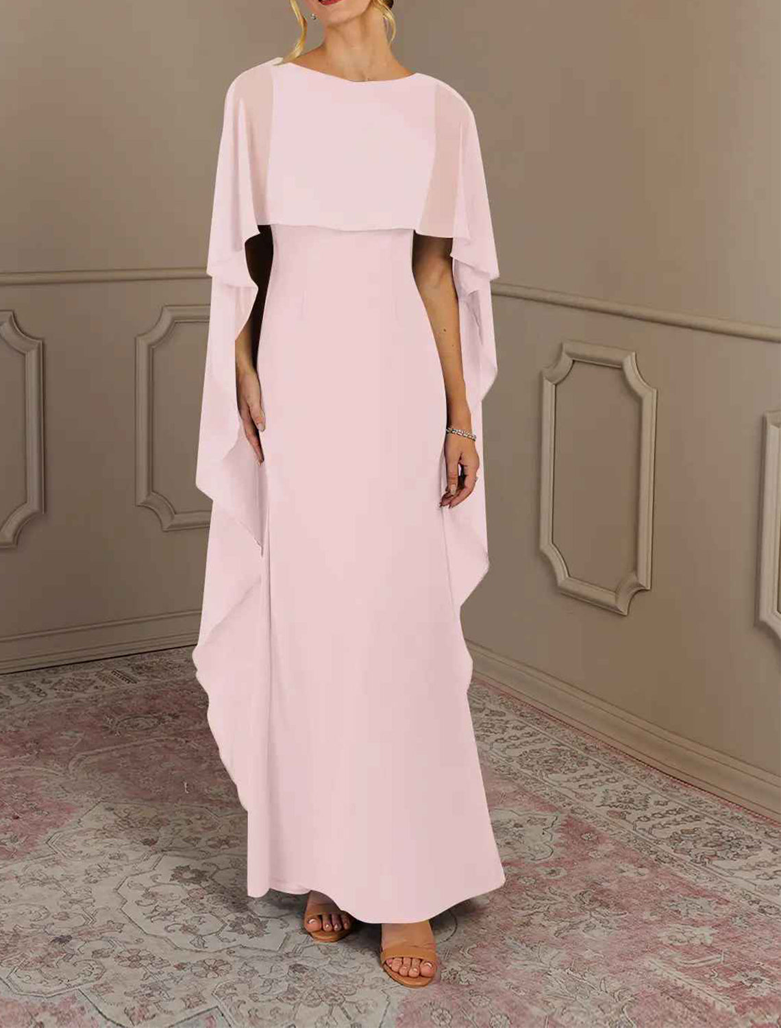 Sheath / Column Mother of the Bride Dress Formal Wedding Guest Elegant Simple Jewel Neck Floor Length Chiffon Sleeveless with Side Draping Solid Color