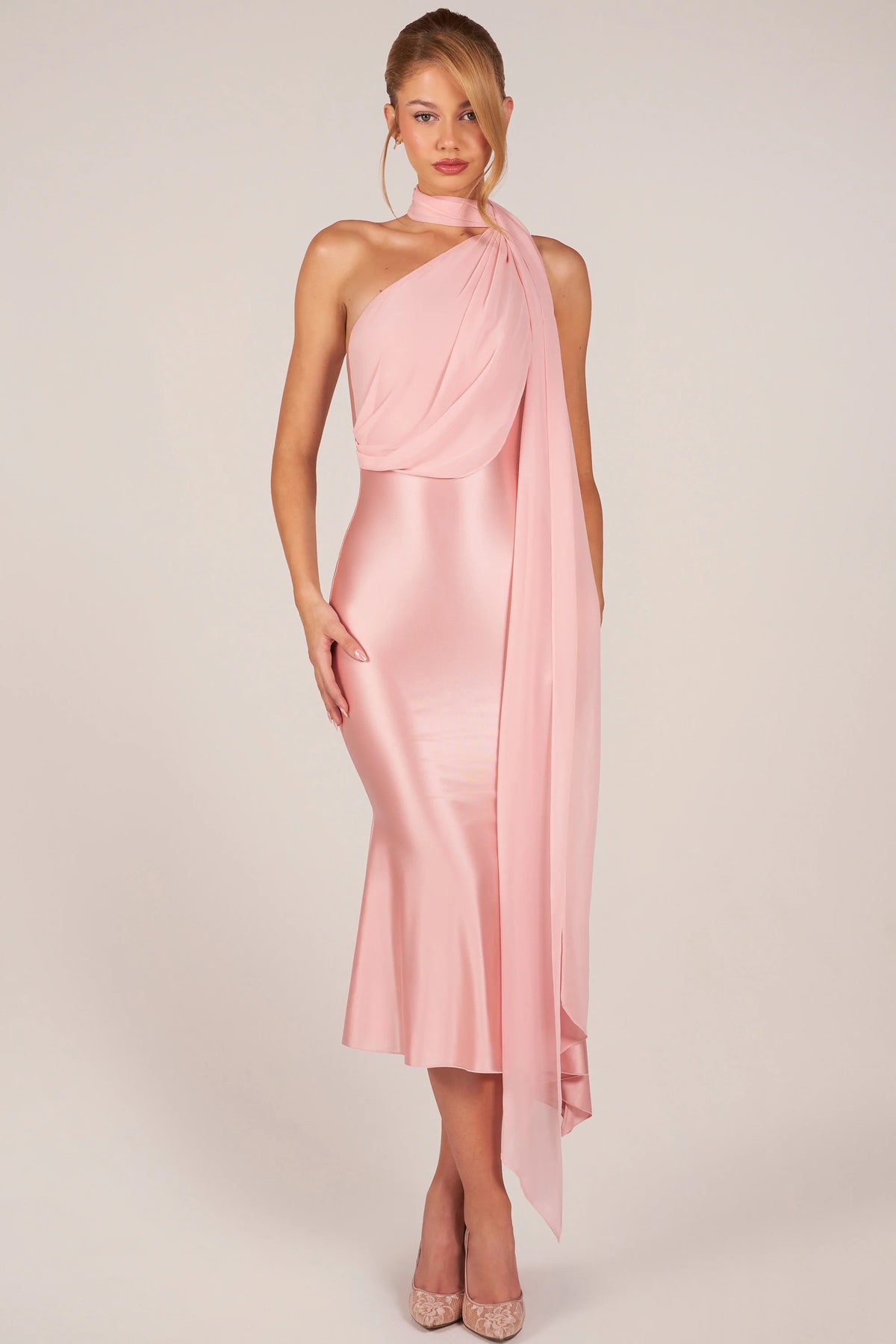 blush pink one shoulder halter chiffon drape satin mermaid midi prom dress