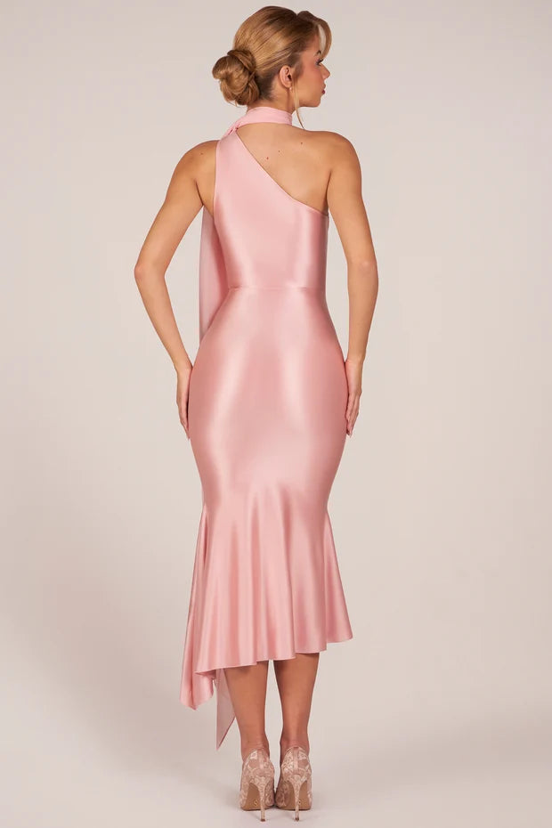 blush pink one shoulder halter chiffon drape satin mermaid midi prom dress