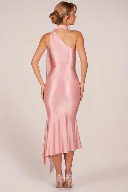 blush pink one shoulder halter chiffon drape satin mermaid midi prom dress