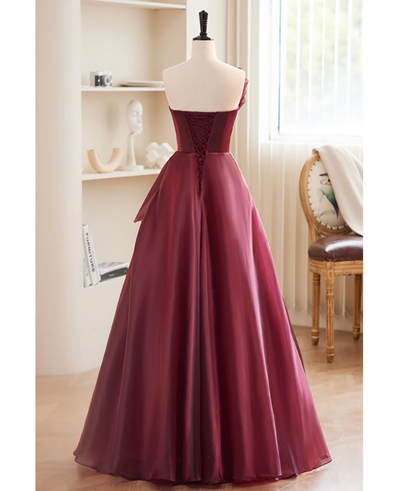 Noble and charming wine red sleeveless off the shoulder bow dance dress wine red A-line/princess strapless off the back strap and floor length evening dress