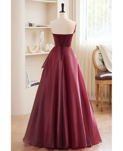 Noble and charming wine red sleeveless off the shoulder bow dance dress wine red A-line/princess strapless off the back strap and floor length evening dress