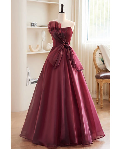 Noble and charming wine red sleeveless off the shoulder bow dance dress wine red A-line/princess strapless off the back strap and floor length evening dress