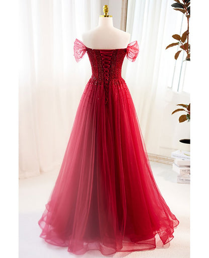 Charming wine red beaded sequins off the shoulder short sleeved ball dress wine red A-line/princess backless and ground length style evening dress