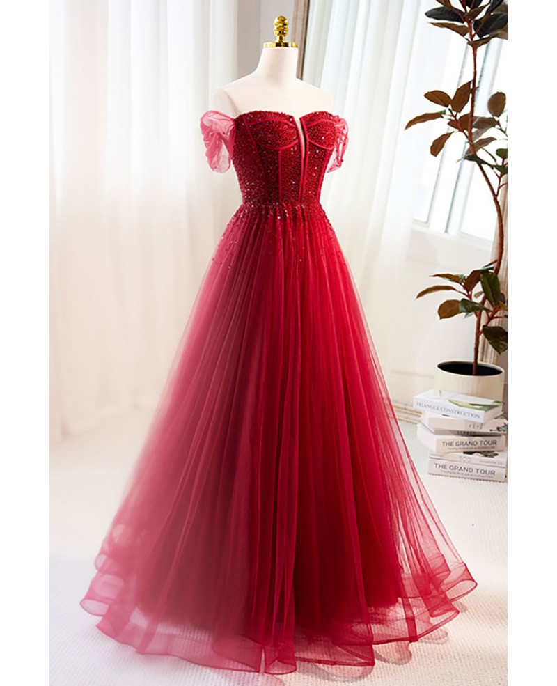Charming wine red beaded sequins off the shoulder short sleeved ball dress wine red A-line/princess backless and ground length style evening dress