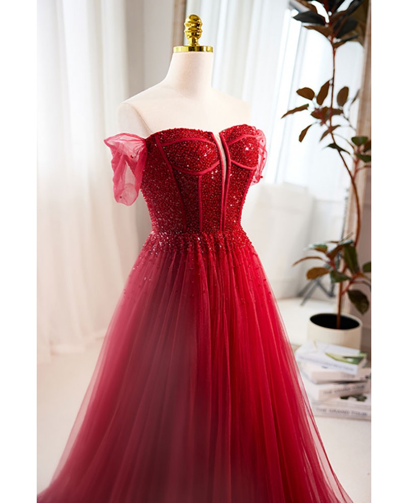 Charming wine red beaded sequins off the shoulder short sleeved ball dress wine red A-line/princess backless and ground length style evening dress