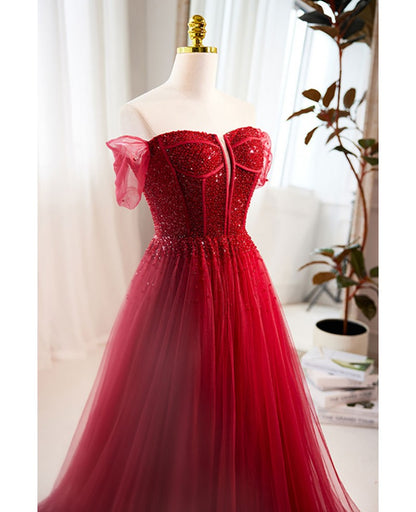 Charming wine red beaded sequins off the shoulder short sleeved ball dress wine red A-line/princess backless and ground length style evening dress