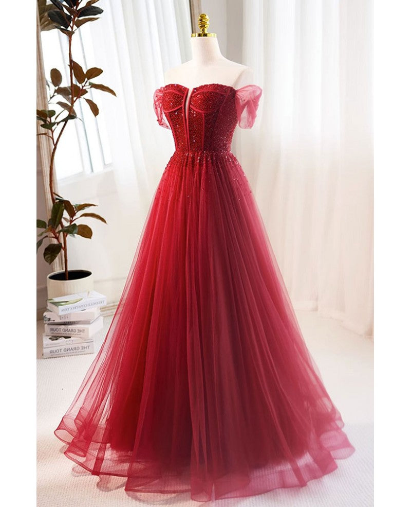 Charming wine red beaded sequins off the shoulder short sleeved ball dress wine red A-line/princess backless and ground length style evening dress