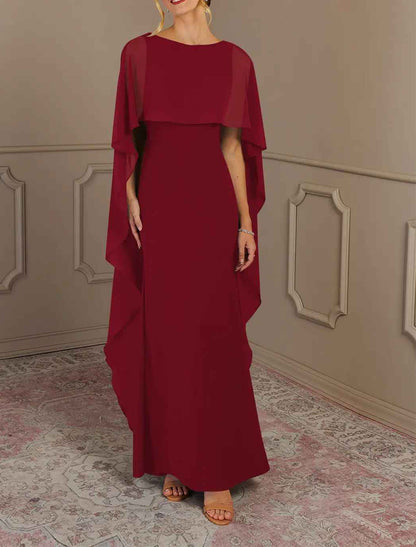 Sheath / Column Mother of the Bride Dress Formal Wedding Guest Elegant Simple Jewel Neck Floor Length Chiffon Sleeveless with Side Draping Solid Color