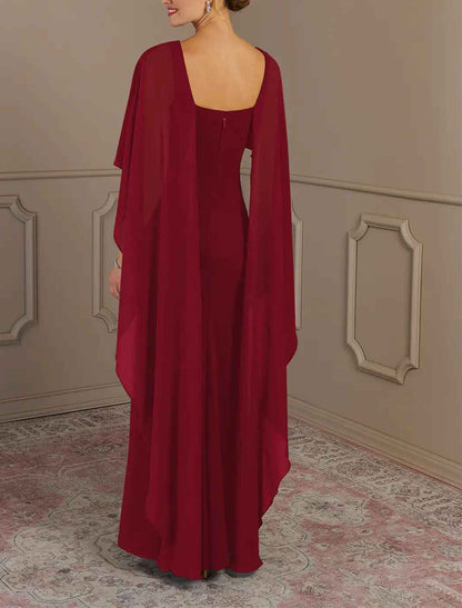 Sheath / Column Mother of the Bride Dress Formal Wedding Guest Elegant Simple Jewel Neck Floor Length Chiffon Sleeveless with Side Draping Solid Color