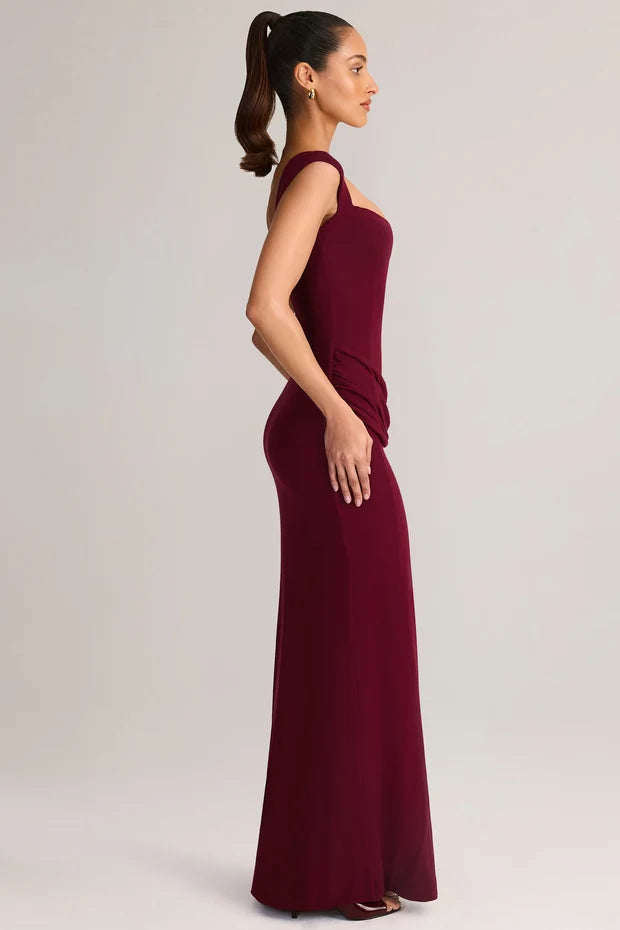 burgundy square neck cap sleeve draped waist high slit mermaid prom dress