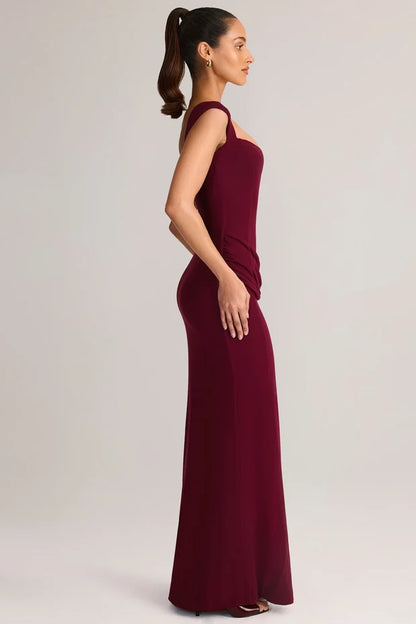burgundy square neck cap sleeve draped waist high slit mermaid prom dress