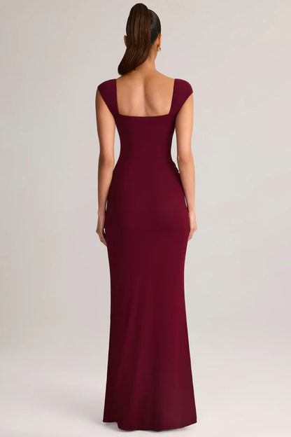 burgundy square neck cap sleeve draped waist high slit mermaid prom dress