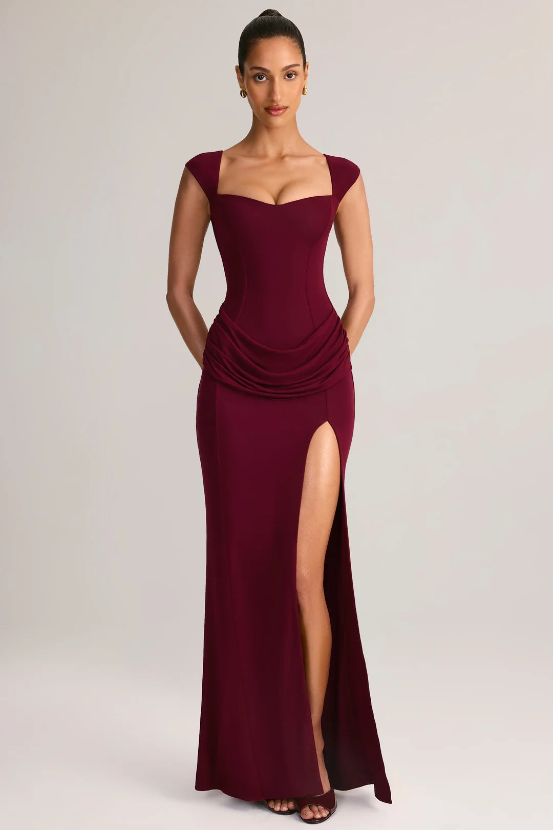 burgundy square neck cap sleeve draped waist high slit mermaid prom dress