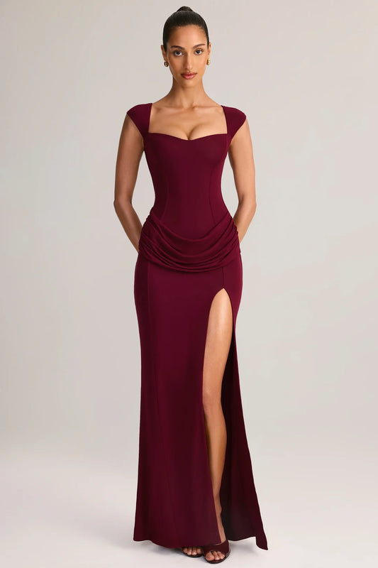 burgundy square neck cap sleeve draped waist high slit mermaid prom dress