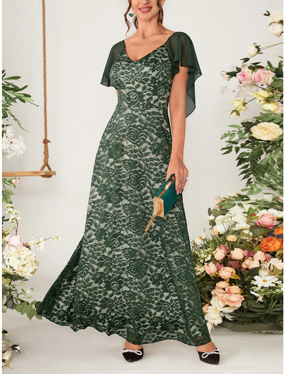 A-Line Mother of the Bride Dress Wedding Guest Elegant V Neck Ankle Length Lace Short Sleeve with Lace Pleats