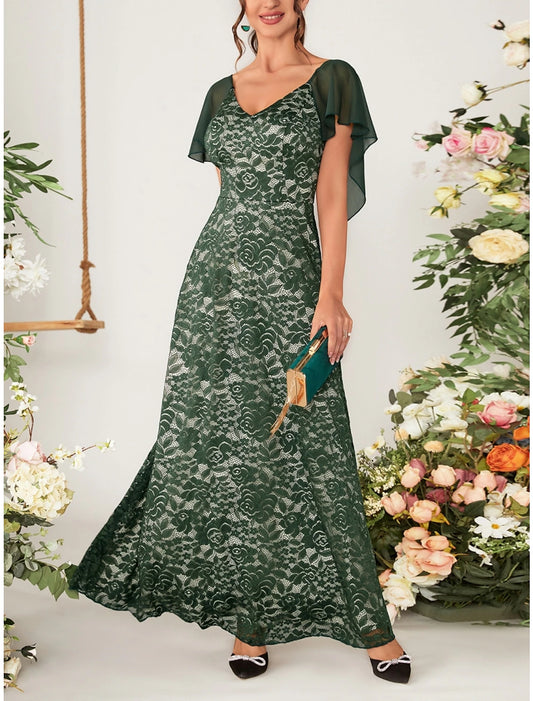 A-Line Mother of the Bride Dress Wedding Guest Elegant V Neck Ankle Length Lace Short Sleeve with Lace Pleats