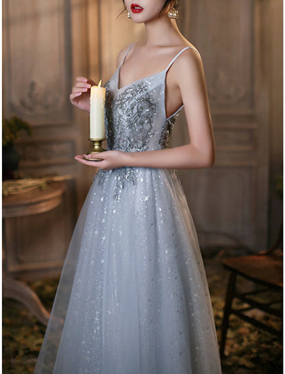 A-Line Prom Dresses Elegant Dress Wedding Guest Prom Floor Length Sleeveless Spaghetti Strap Tulle with Pleats Beading