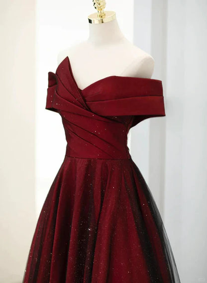 Elegant A-line off shoulder wine red sheer long party dress, wine red and black backless prom dress