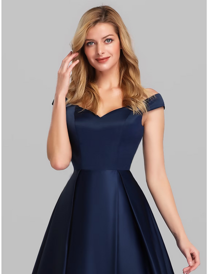 Elegant Prom Birthday Dress Off Shoulder Short Sleeve Floor Length Satin with Pleats