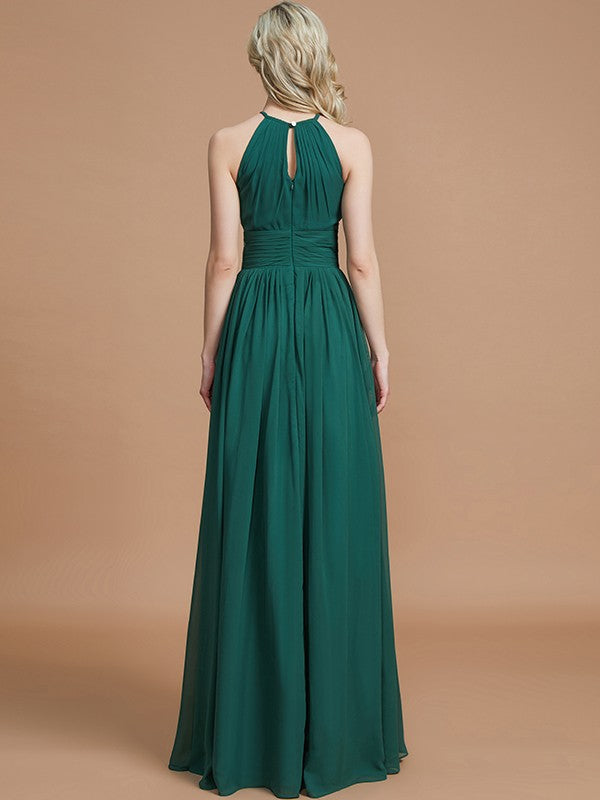 A-Line Chiffon Scoop Sleeveless Floor-Length Bridesmaid Dresses