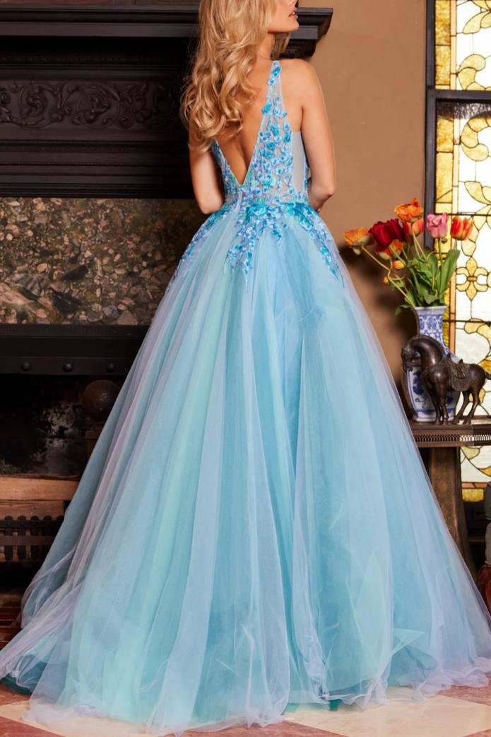 Enchanting Ball Gown V-Neck Applique Backless Floor-Length Tulle Evening Dress