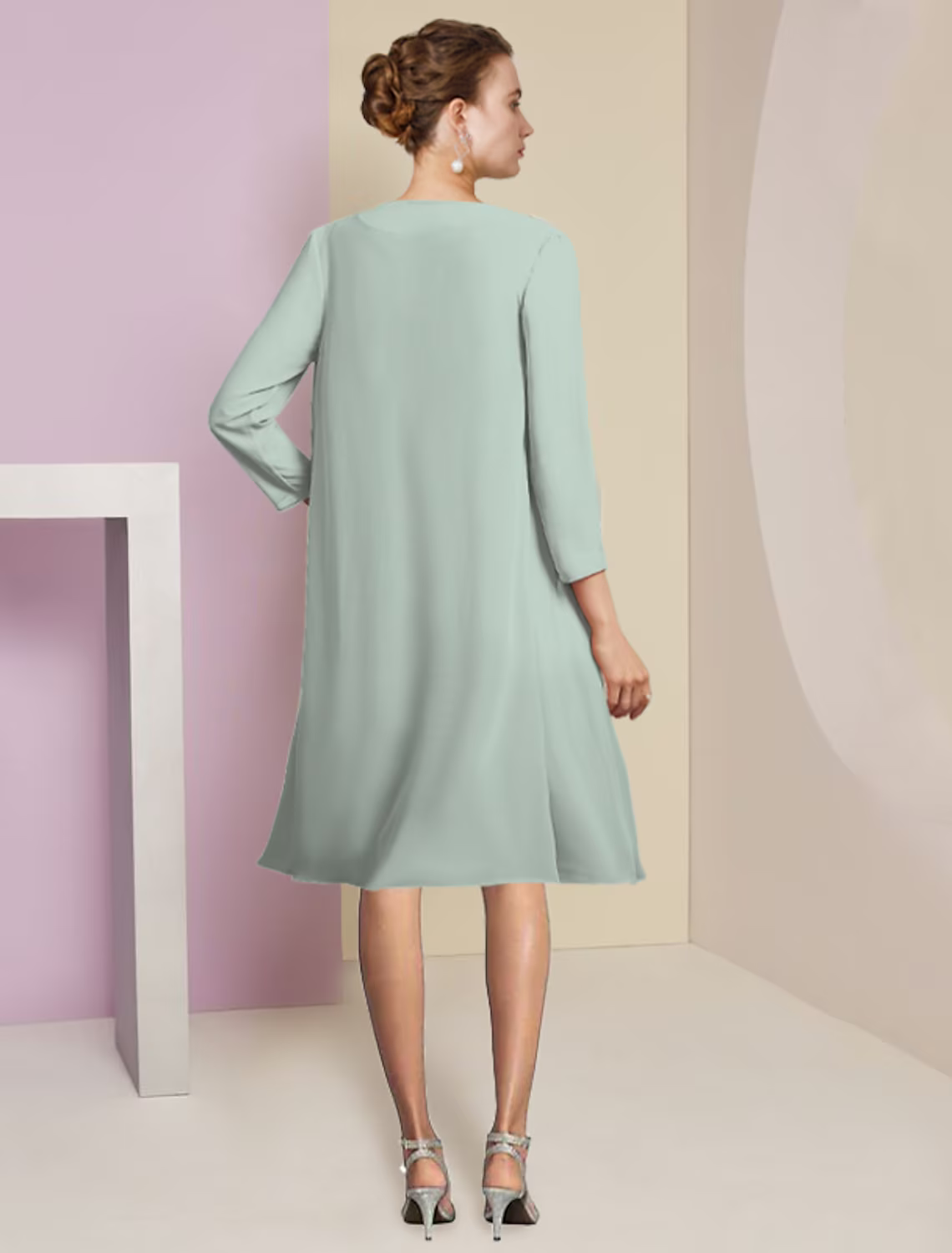 Two Piece A-Line Mother of the Bride Dress Formal Wedding Guest Elegant Scoop Neck Knee Length Chiffon Sleeve with Tier
