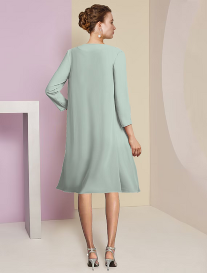 Two Piece A-Line Mother of the Bride Dress Formal Wedding Guest Elegant Scoop Neck Knee Length Chiffon Sleeve with Tier