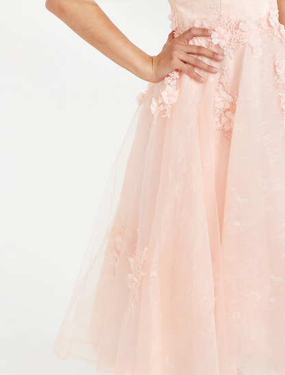 A-Line Prom Dresses Elegant Dress Wedding Guest  Short Sleeve V Neck Tulle with Appliques
