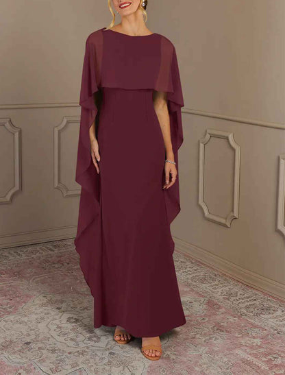 Sheath / Column Mother of the Bride Dress Formal Wedding Guest Elegant Simple Jewel Neck Floor Length Chiffon Sleeveless with Side Draping Solid Color