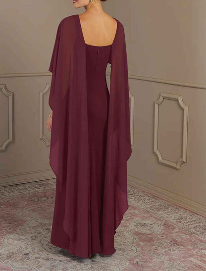 Sheath / Column Mother of the Bride Dress Formal Wedding Guest Elegant Simple Jewel Neck Floor Length Chiffon Sleeveless with Side Draping Solid Color
